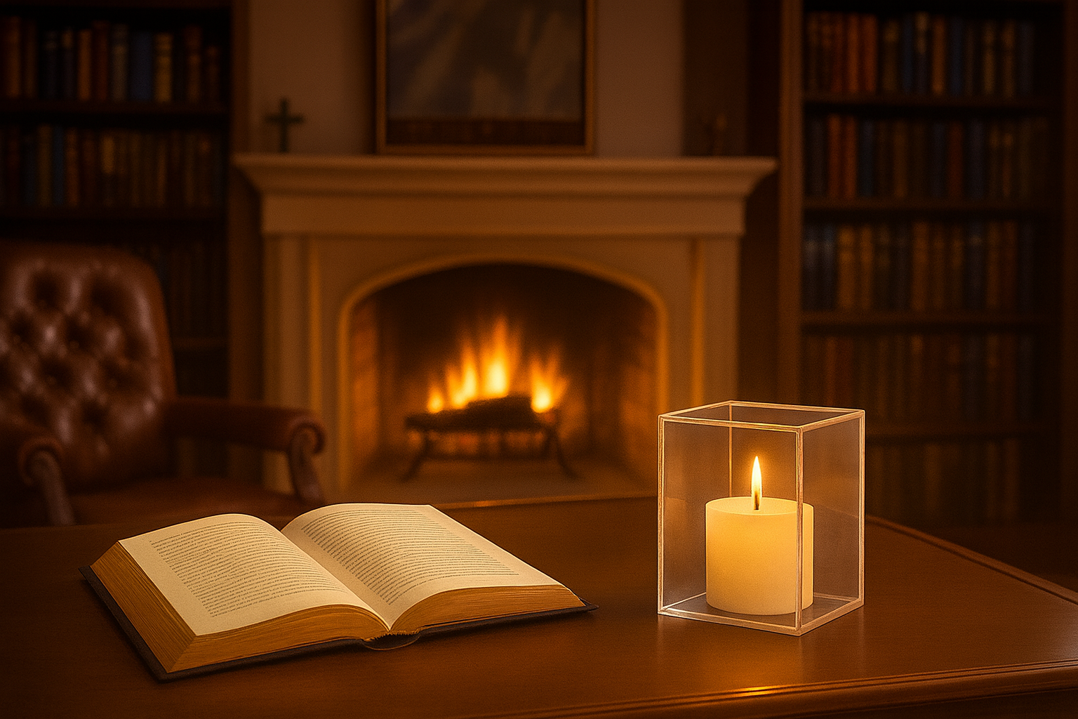 Warm library backdrop